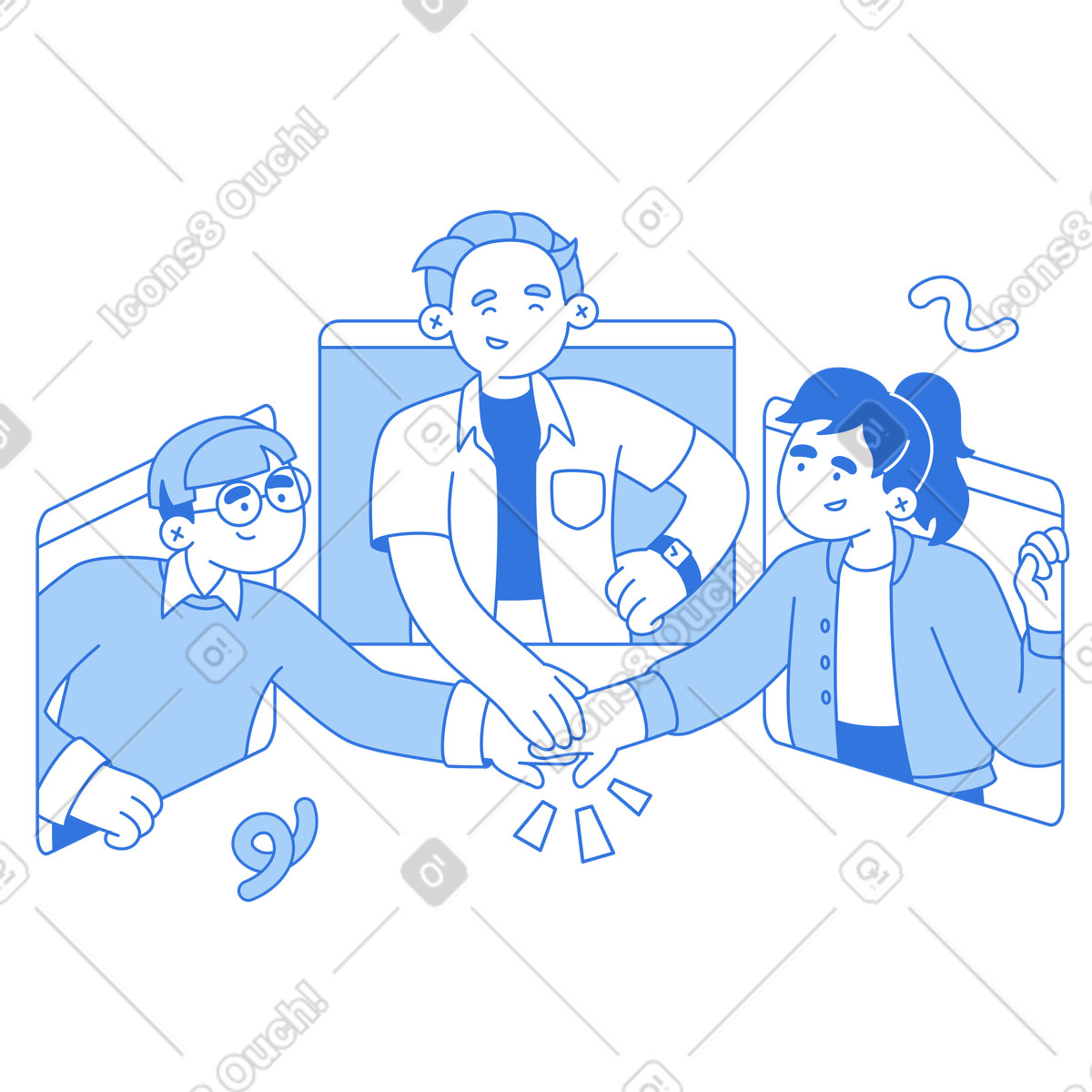 Team meeting online and celebrating success illustration in Sky style download in PNG, SVG