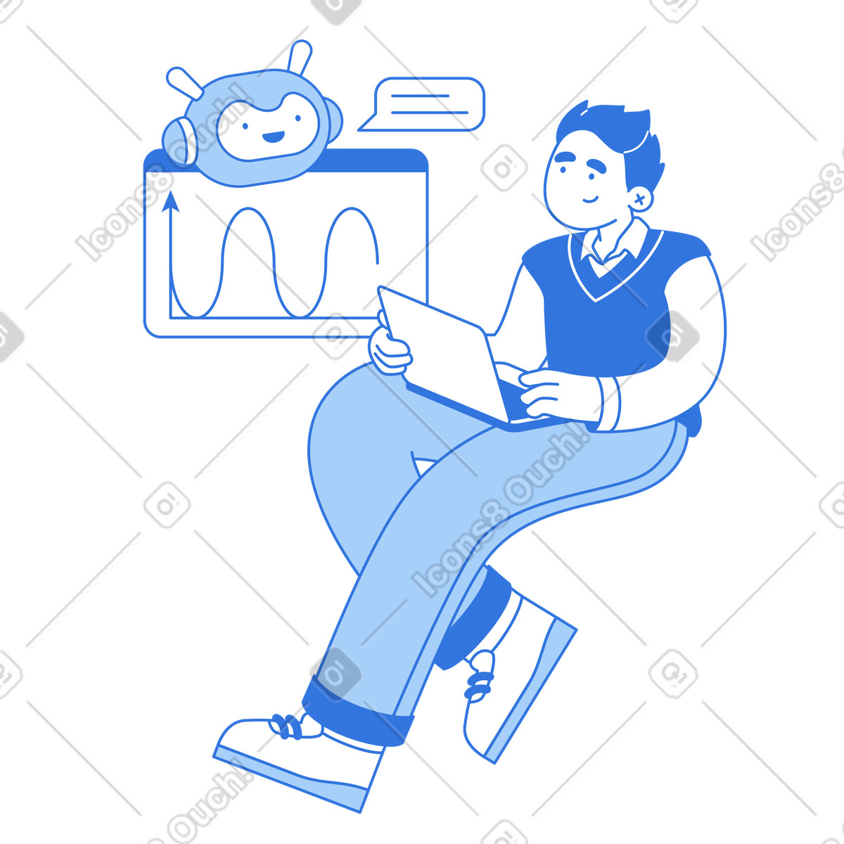 Student with laptop and AI assistant illustration, adaptive learning experience clipart PNG SVG