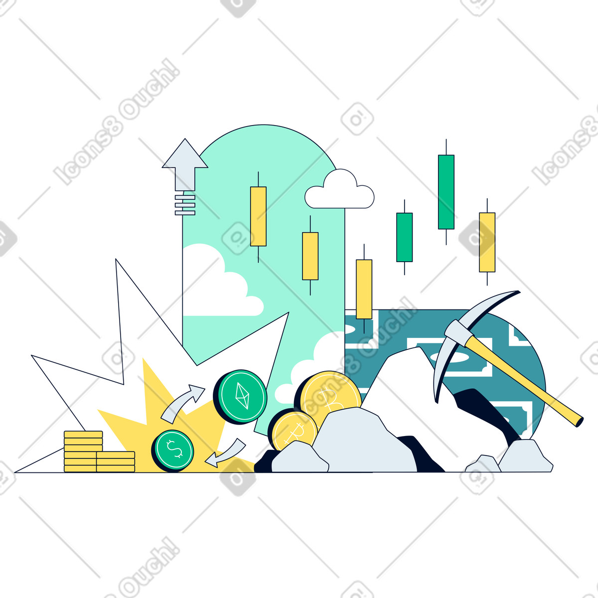 Mining tools with bitcoin coins and crypto symbols, Cryptocurrency trading and blockchain market illustration in PNG, SVG