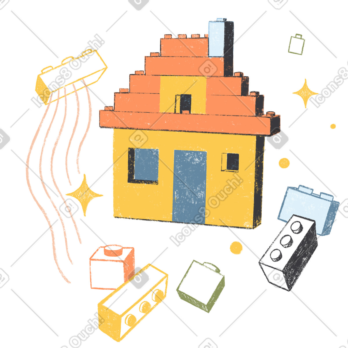 Toy house constructed from interlocking blocks, Creative building and games concept illustration in Chalky style download in PNG, SVG
