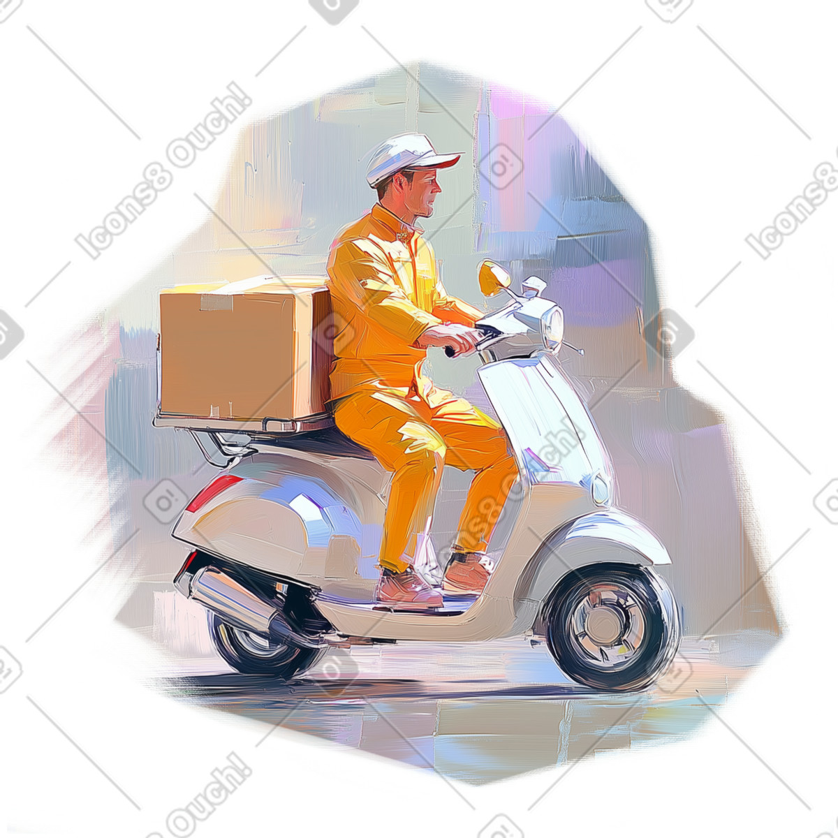 Dipinto ad olio raffigurante un fattorino su uno scooter illustrazione in stile Pictorial scarica in PNG, SVG