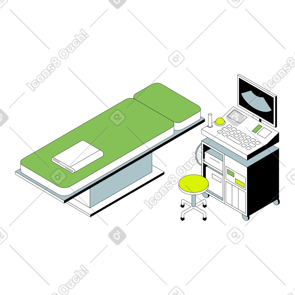 Sala ecografica dell'ospedale illustrazione in stile Isometric scarica in PNG, SVG