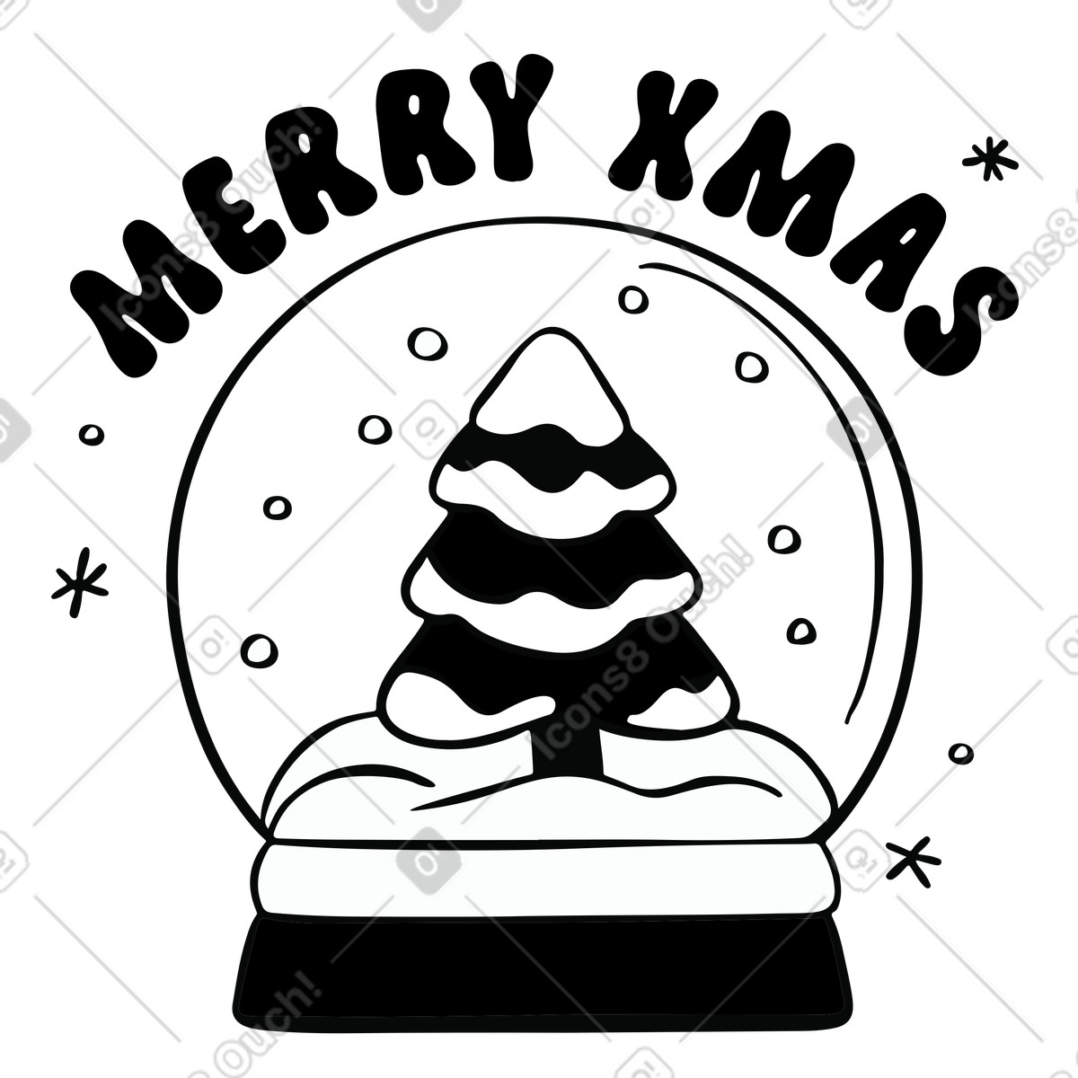 Merry Xmas lettering with snow globe illustration in Journal style download in PNG, SVG