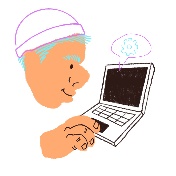 A person using a laptop with a thought bubble - Blobby style illustration