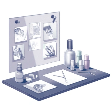 An artistic desk arranged with various items. There is a large mood board pinned with images of intricate nail art designs, showcasing different styles and inspirations for manicures. Surrounding the mood board are bottles of nail polish, each offering a variety of colors and finishes. The desk surface is cluttered with tools like brushes, dotting tools, and other nail art accessories. Soft natural light falls on the desk, illuminating the creative workspace.