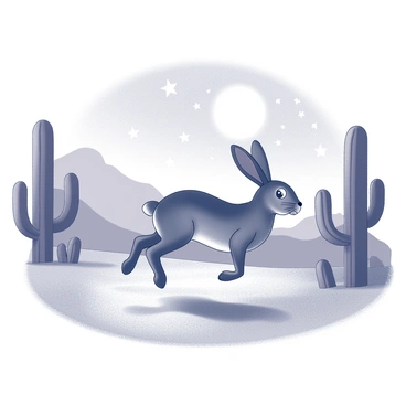 A jack rabbit hopping across a moonlit desert landscape with cactus silhouettes