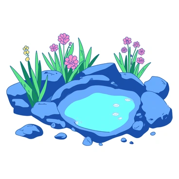 A blue rock pool is surrounded by vibrant green sea plants that are flourishing all around its edges. Various colorful flowers bloom in shades of pink and yellow, adding to the lively scene. The water in the rock pool reflects the colors of the flowers and plants, creating a harmonious blend of nature's beauty. Small pebbles and shells can be seen scattered around the pool, enhancing the natural environment.