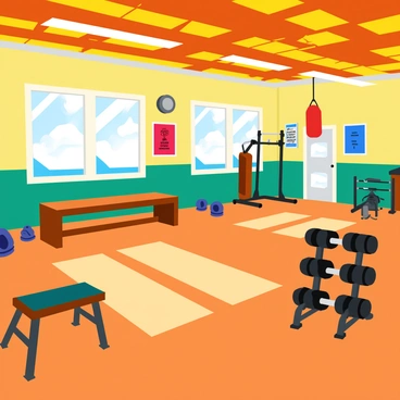 A retro-style gym featuring vintage weightlifting equipment and classic exercise machines. The walls are adorned with posters of past athletes and motivational quotes. There are wooden benches and old multi-gym stations scattered throughout the room. The flooring is made of polished hardwood, and large windows let in natural light, illuminating dusty sunlight beams that dance across the room. Old-fashioned dumbbells are neatly arranged on a rack, and a classic punching bag hangs in the corner. A vibrant checkerboard pattern decorates the ceiling, enhancing the nostalgic atmosphere.