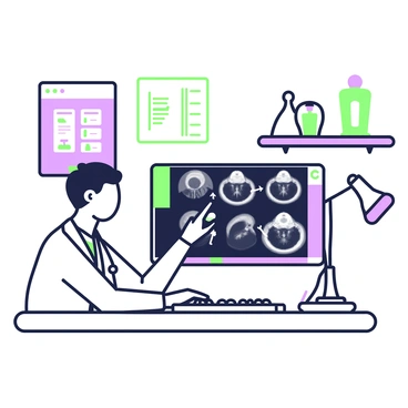 A radiologist is sitting at a desk, focused on a computer screen displaying CT scan images. The monitor shows a series of detailed cross-sectional images of the body. The radiologist is using a mouse to navigate the images and is actively annotating with various tools visible on the screen, such as arrows and text boxes. The room is equipped with medical charts and a few anatomical models on a shelf in the background. The radiologist is wearing a white coat, and there is a stethoscope around their neck. A notepad and pen are placed beside the keyboard.