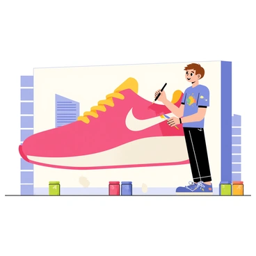 A young artist with short brown hair is standing in front of a large city wall, holding a paintbrush. The mural depicts a vibrant Nike shoe in shades of red and white, taking up most of the wall space. The artist is wearing a blue paint-splattered shirt and has a focused expression on their face as they add final touches to the shoe. Colorful paint cans are scattered around at their feet, and a few splatters of paint adorn the ground. In the background, various city buildings create an urban atmosphere.