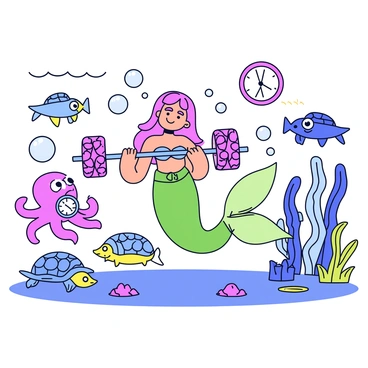 A mermaid with long flowing hair is lifting a barbell made of coral at an underwater gym. The mermaid has a shimmering green tail that reflects the light from above. Around her, various sea creatures are visible, including a friendly octopus holding a stopwatch, a school of small fish swimming in formation, and a sea turtle observing. The gym equipment is made of colorful sea materials like shells and seaweed, creating a vibrant atmosphere. Bubbles rise from the mermaid as she focuses on her workout, showcasing a sense of determination.
