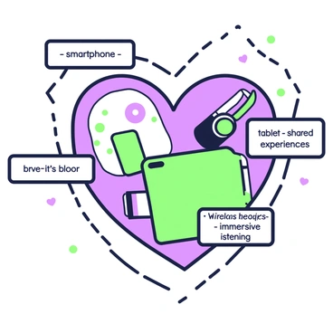 A heart shape is filled with various technology gadgets. Inside the heart, there are items such as a smartphone, a tablet, and wireless headphones. Each gadget has a label attached that describes how it connects people emotionally, such as "smartphone - instant communication", "tablet - shared experiences", and "wireless headphones - immersive listening". The heart is outlined in green, while the gadgets are detailed with purple accents. The background is minimalistic, emphasizing the heart and its contents.