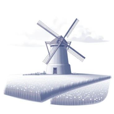 A classic windmill with wooden blades is positioned prominently in the background. The windmill features a tall, cylindrical stone tower, with a thatched roof at the top. In the foreground, expansive fields of tall grass sway gently, creating a sense of open space. The fields are dotted with occasional wildflowers, adding texture to the landscape. The sky above is filled with soft, fluffy clouds, enhancing the serene ambiance of the rural setting.