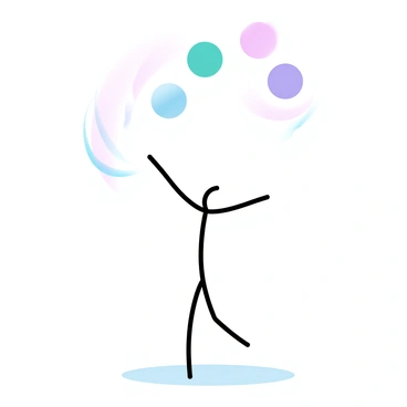 A stickman is juggling several colorful balls in the air, each ball exhibiting a different vibrant hue. The stickman is depicted with straight limbs and a simplistic form. The balls are suspended above him, set against a soft gradient pastel-colored background. The scene includes motion lines around the balls to indicate movement. Below the stickman, there is a smooth, curved line suggesting the ground.