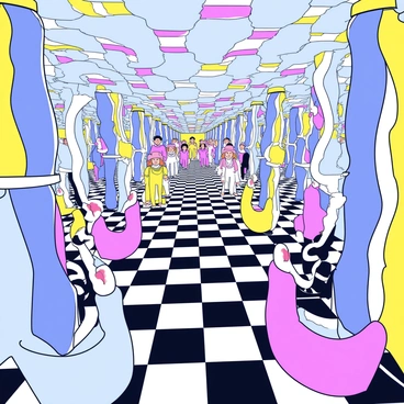A funhouse mirror maze filled with tall, wavy mirrors that create distorted reflections of people. The mirrors are arranged in a chaotic pattern, creating winding pathways. Bright, multicolored lights illuminate the space, casting vibrant shadows and adding to the playful atmosphere. The floor is checkered with alternating black and white squares. In the distance, the reflections of smiling visitors can be seen, each twisted in amusing ways.