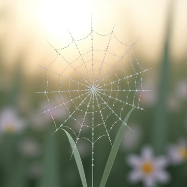 A delicate spiderweb, intricately woven and showcasing a myriad of tiny droplets of dew, is illuminated by the soft light of early morning. Each droplet sparkles like a tiny gem, reflecting the soft colors of dawn. The web is anchored between two blades of grass, displaying a beautiful array of symmetry and craftsmanship. In the background, the surrounding flora is softly blurred, emphasizing the web as the focal point of the composition.
