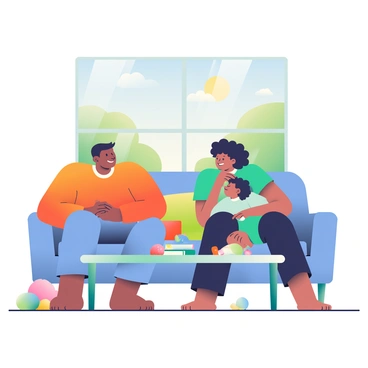 A parent with medium skin and short brown hair is sitting on a cozy couch, engaged in a thoughtful conversation with their child. The child, a young girl with curly black hair, is wearing a light blue dress and looking up attentively. There is a colorful children's book on the coffee table in front of them, and a few plush toys are scattered around the couch. The room has warm lighting, and a large window in the background shows a sunny day outside, with green trees and a clear blue sky. The parent's expression reflects care and patience as they discuss important topics related to RSE (Relationships and Sex Education).