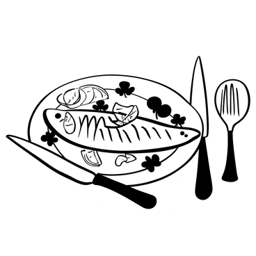 A freshly cooked brook trout placed on a white plate, garnished with several lemon slices arranged around the fish. There are sprigs of parsley scattered on the plate, providing additional decoration. A set of fork and knife is positioned beside the plate, and a light texture tablecloth is visible underneath.