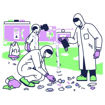 A forensic team is positioned at a chaotic crime scene, surrounded by scattered debris and various items. Each team member is dressed in white protective suits with hoods and gloves. One investigator is crouched down, carefully examining a small piece of evidence on the ground, holding a pair of tweezers in one hand. Another team member is standing nearby, documenting the scene with a camera, capturing the details of the surroundings. In the background, there are police barriers and a nearby vehicle with flashing lights. The area is dimly lit, creating a focused atmosphere around the team as they work diligently.