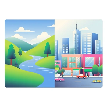A large canvas is split down the middle, creating two distinct sections. On the left side, a vibrant landscape painting depicts rolling green hills under a clear blue sky with fluffy white clouds. There are several tall trees with lush foliage scattered throughout the hills, and a winding river flows gently through the scene, reflecting the bright colors of nature. 

On the right side, an illustrated cityscape captures the essence of an urban environment. Skyscrapers of varying heights and designs dominate the skyline, with large windows glimmering in the sunlight. Streets below are bustling with small figures walking, cars in motion, and colorful storefronts lining the sidewalks. The contrast between the serene landscape and the lively cityscape creates a striking visual impact.