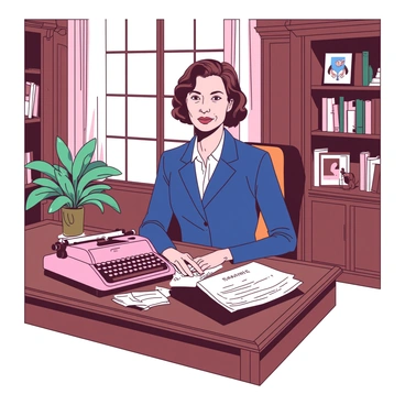 Simone Veil is seated at an ornate wooden desk in an elegant office, surrounded by shelves filled with books and framed photographs. She is wearing a tailored navy-blue suit and has a confident expression on her face. In the background, there are large windows allowing natural light to flood the room. A potted plant sits next to her on the desk, adding a touch of greenery. A vintage typewriter and a stack of documents are placed neatly on the desk, symbolizing her dedication to her work as the French Minister of Health.