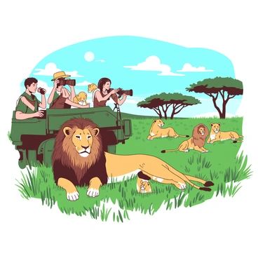 A group of photographers equipped with cameras are positioned in a vehicle, observing a lion pride in the Serengeti. The pride consists of several lions lounging in the tall green grass under the bright sun. One male lion with a majestic mane is lying at the forefront, while female lions and cubs are scattered around, some playing and others resting. The photographers are focused on capturing the moment, with their cameras pointed towards the lions. The landscape features acacia trees in the background, with a clear blue sky overhead.