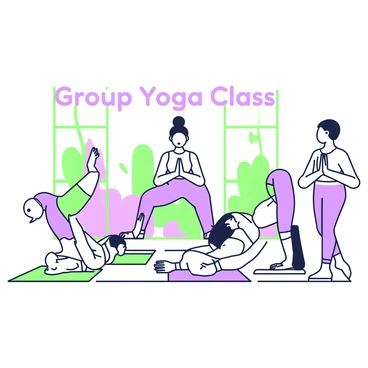 A group of five participants is in a yoga studio, all engaging in synchronized glute bridges. They are lying on their backs with their feet flat on the floor, knees bent, and arms resting at their sides. Each participant is positioned in a different stage of the bridge pose, with their hips elevated and forming straight lines from their shoulders to their knees. The instructor, standing at the front, is demonstrating the pose with an encouraging expression. Large windows allow natural light to fill the room, and yoga mats of various colors are spread across the wooden floor. "Group Yoga Class" is written in bold letters on the wall behind them.
