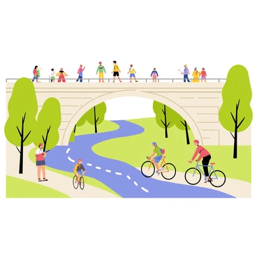 A panoramic view of a famous bridge in Montpellier spanning over a river. The bridge is arched and made of stone, showcasing intricate details in its design. A variety of people are walking across the bridge, some carrying colorful bags, while others are engaged in conversation. Cyclists ride along a designated path, wearing bright helmets and riding modern bicycles. Lush green trees line the sides of the river, and a clear blue sky adds to the vibrant atmosphere.