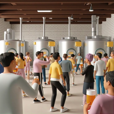 A spacious traditional brewery in Dortmund, featuring large, stainless steel vats filled with golden beer. Visitors, a diverse group of men and women, are gathered around, sampling different varieties of beer in small glasses. The brewery has wooden beams and brick walls, providing a rustic atmosphere. Some visitors are engaged in conversation, while others are raising their glasses in a toast. The lighting is warm, highlighting the rich colors of the beer and the textures of the brewery's interior.