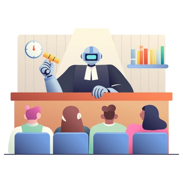 A robot with a sleek metallic body and glowing blue eyes is dressed in a black judge's robe, standing behind a wooden judge's bench. Its left arm is raised, holding a gavel firmly. In front of the bench, several human figures are seated, attentively watching the robot. The humans exhibit diverse appearances, with various hairstyles and clothing styles. The courtroom is detailed, featuring wooden paneling, a large clock on the wall, and law books lined up on shelves. A soft light illuminates the scene, casting gentle shadows across the floor.