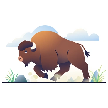 A large bison with a massive, muscular build is charging through a dusty prairie. Its thick brown fur is ruffled by the wind, and its powerful legs are mid-stride, kicking up clouds of dust behind it. The bison's head is lowered, showcasing its strong horns, while its eyes are focused ahead with determination. In the background, tall grasses sway gently, and a few scattered rocky outcrops can be seen under a pale blue sky. The scene conveys a sense of movement and energy as the bison dominates the landscape.