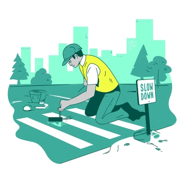A teal city worker wearing a bright yellow safety vest is kneeling on a road, carefully painting white crosswalk lines. The worker is using a large paint roller and focused on creating straight, even lines. Around the worker, there are various tools spread out, including a paint bucket and a small sign that says "Slow Down." In the background, there are blurred outlines of skyscrapers and trees, emphasizing the urban environment. The scene captures the importance of the worker's task in creating safe pathways for pedestrians.