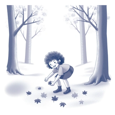 A young girl with curly hair is bending down to collect leaves in a forest. She has a joyful expression on her face as she gathers various autumn leaves. The ground is covered with fallen leaves in different shapes and sizes, while the trees surrounding her have branches extending with leaves showing intricate details. The scene captures the sense of an abundant forest during the autumn season.