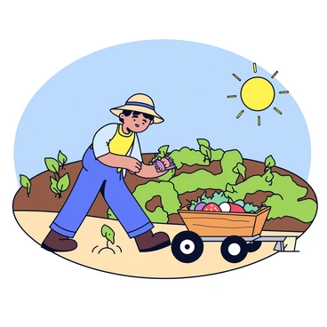 A farmer wearing a straw hat is bending down to plant seeds in a circular field. The field is divided into segments, each displaying different stages of crop growth. Young green plants are sprouting in one section, while taller, lush crops are seen in another. The farmer holds a trowel in one hand and a small pouch of seeds in the other. In the background, the sun shines brightly in a clear blue sky, casting gentle shadows on the field. A wooden wheelbarrow is parked nearby, filled with freshly harvested vegetables.