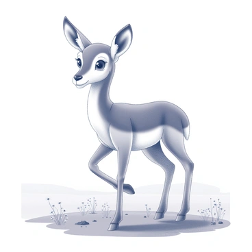 A young pronghorn stands on a grassy terrain, its slender legs slightly apart for balance. The animal has large, expressive eyes that are wide open, reflecting curiosity as it looks around. Its ears are perked up, and its nose is slightly wrinkled as it sniffs the air. Small patches of wildflowers and tufts of grass dot the ground around it. In the background, there are open fields stretching toward a distant line of hills. The pronghorn's fur has a soft texture and subtle details that highlight its youthful form as it begins to explore the world around it.