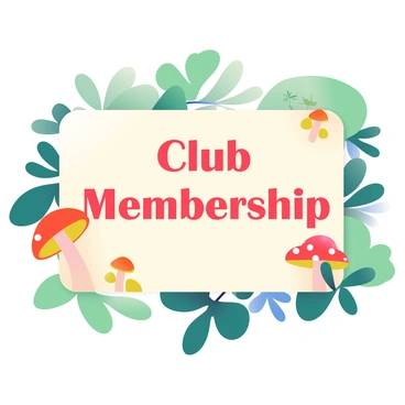 A club card is displayed prominently in the center of the image. The background features various shades of green, suggesting a natural setting. Around the edges of the card, there are intricate designs of leaves in different shapes and sizes, creating a frame. Small, colorful mushrooms are scattered throughout the design, adding vibrant pops of red and orange. The text on the card, "Club Membership," is boldly printed in a clear, elegant font. The overall composition blends the club theme with rich, organic elements, emphasizing a connection to nature.