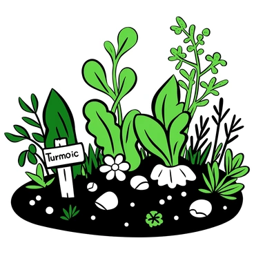 A lush herbal garden filled with various herbs, featuring prominent turmeric plants with broad green leaves. There are clusters of different herbs such as basil, mint, and rosemary growing alongside the turmeric. The ground is rich with dark soil, and there are small stones scattered throughout the garden. Sunlight casts shadows among the plants, highlighting their textures and shapes. A wooden garden stake with the label "Turmeric" is positioned next to the turmeric plants.