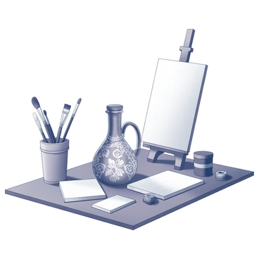 An artist's studio filled with creative tools and materials. In the center, there is a unique, hand-painted flask with intricate designs and patterns on its surface. Surrounding the flask are several paintbrushes of varying sizes, some resting upright in a holder while others lie on the table, their bristles slightly stained with paint. A blank canvas stands nearby, propped up on an easel, ready to be transformed into a work of art. The atmosphere of the studio is cluttered yet organized, with tubes of paint and sketchbooks scattered around, hinting at recent artistic endeavors.