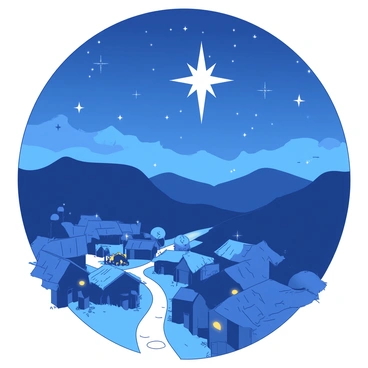 A bright "Star of Bethlehem" is shining in the night sky above a quaint city. The star is radiant and has a warm glow, casting light over the rooftops of the buildings below. The city is adorned with small houses and cobblestone streets that lead towards a distant manger scene. The pathway illuminated by the star is lined with soft, glowing lights that guide the way to "Jesus' birthplace," surrounded by gentle hills. The atmosphere is peaceful, with a clear night sky filled with stars surrounding the prominent star.