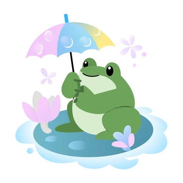 A frog with a smooth green body is sitting on a round lily pad. The frog is holding a colorful umbrella that has vibrant patterns of pink, yellow, and blue. The lily pad is surrounded by calm water, and there are delicate flowers blooming nearby. Soft ripples can be seen in the water around the lily pad. The scene is set in a tranquil pond environment.
