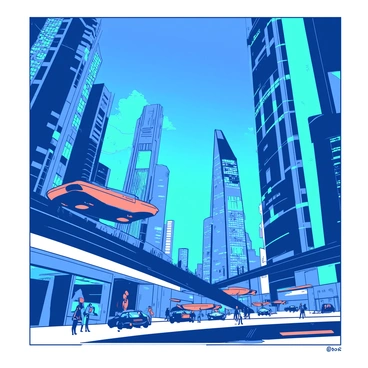 A futuristic cityscape with sleek skyscrapers reaching towards the sky. The buildings are adorned with vibrant neon lights in various shapes and patterns. In the foreground, a busy street filled with hovering cars and pedestrians walking on elevated walkways. The sky above is a deep blue, contrasting with the bright teal and orange lights reflecting off the glass surfaces of the architecture. The overall scene is dynamic and bustling, showcasing advanced technology in a lively urban environment.