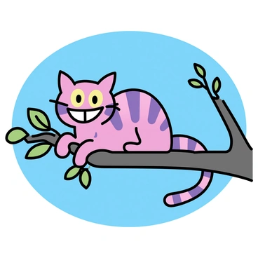 A Cheshire Cat lounging on a tree branch. The cat has distinct purple and pink stripes, displaying its signature wide grin. Its eyes are large and bright, gazing mischievously. The branch is thick and sturdy, covered with small green leaves. The background features a clear blue sky, enhancing the vibrant colors of the cat and the foliage around it.