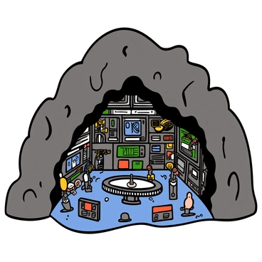A hidden headquarters inside a mountain, surrounded by rugged rock formations. The entrance is discreetly camouflaged, blending seamlessly with the natural stone. Inside, the space is vast and illuminated by bright, futuristic lights. High-tech screens and control panels line the walls, displaying glowing data and complex interfaces. Sleek, advanced machinery is scattered throughout, including robotic arms and sophisticated computer systems. There is a central command station with multiple monitors and a large round table, suggesting a strategic planning area. The atmosphere is busy and active, with various operators engaged in their tasks, showcasing the cutting-edge technology within this secret base.
