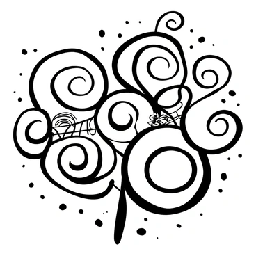 A detailed black-and-white illustration showing a collection of hair styled into classic fashion curls. The curls are tightly rolled and elegantly arranged, showcasing their vintage-inspired nature. There is a decorative hairpin placed delicately within one of the curls, adding to the sophisticated look. The background features subtle swirling designs that complement the hairstyle without overpowering it. The overall composition focuses on the intricate details of the hair, emphasizing the curves and shapes formed by the curls.