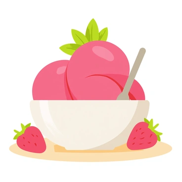 A white bowl filled with vibrant pink strawberry sorbet. The sorbet has a smooth texture, and a few small strawberry pieces are visible within. Fresh green mint leaves are artfully placed on top of the sorbet, adding a pop of color. The bowl is placed on a light wooden table, with a small silver spoon resting beside it. A few whole strawberries are scattered nearby for added detail.