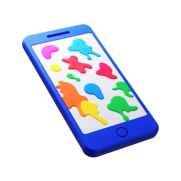 A 3D smartphone with a sleek design, featuring a screen that is artistically splattered with a variety of vibrant paint colors. The paint drips and pools in different areas, creating a dynamic and colorful surface that resembles a canvas. The edges of the phone are slightly glossy, reflecting the bright colors of the paint applied. The background is a simple neutral color to highlight the phone's design and the vivid splashes of paint.