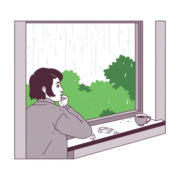 A person reflecting while looking out of a window on a rainy day, deep in thought.