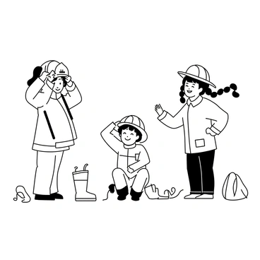 A group of three children is gathered in a bright room, each wearing oversized firefighter helmets and jackets. The first child, a girl with curly hair, is laughing while adjusting her helmet that slips over her eyes. Next to her, a boy with short hair grins widely, his jacket hanging loosely on his small frame. The third child, a girl with braided pigtails, is striking a superhero pose with her arms akimbo. Various firefighting gear, like hoses and boots, are scattered around them, adding to the playful atmosphere.
