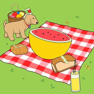 A picnic scene with a checkered blanket spread out and a melon centerpiece.