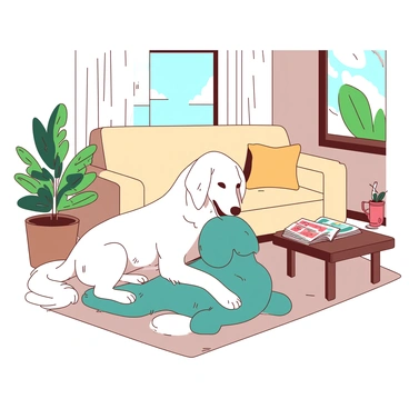 A white borzoi is gently playing with a teal stuffed animal in a cozy living room. The borzoi has its paws softly resting on the stuffed animal, looking playful and engaged. Around them, there are various elements of a living room, including a beige sofa and a small wooden coffee table adorned with a few colorful magazines. Sunlight streams through a nearby window, casting soft shadows on the floor. A green houseplant is positioned in the corner, adding a touch of nature to the space.